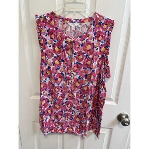Time And Tru L Pullover Blouse Button At Neck Sleeveless Pink Floral 100% Rayon